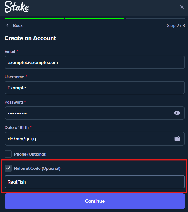 Stake signup form showing the referral code field with RealFish entered